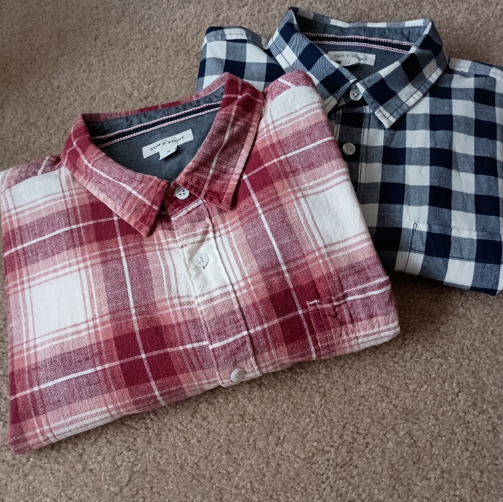 Sun+Stone Button Down Shirt Bundle Navy Buffaloe‎ Check Large and Red Plaid XL
